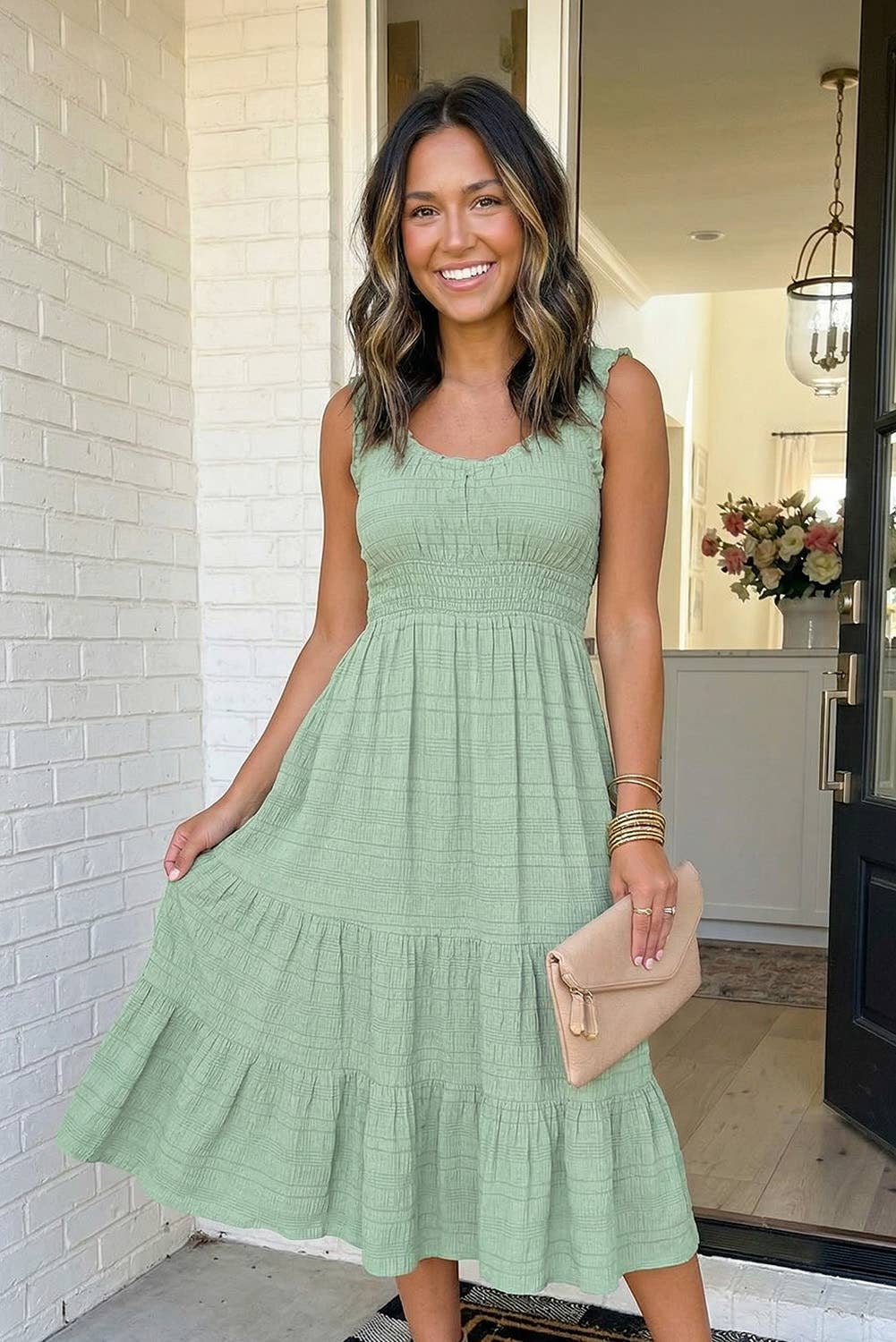 Shirred Pleated Square Neck Sleeveless Midi Dress
