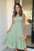 Shirred Pleated Square Neck Sleeveless Midi Dress