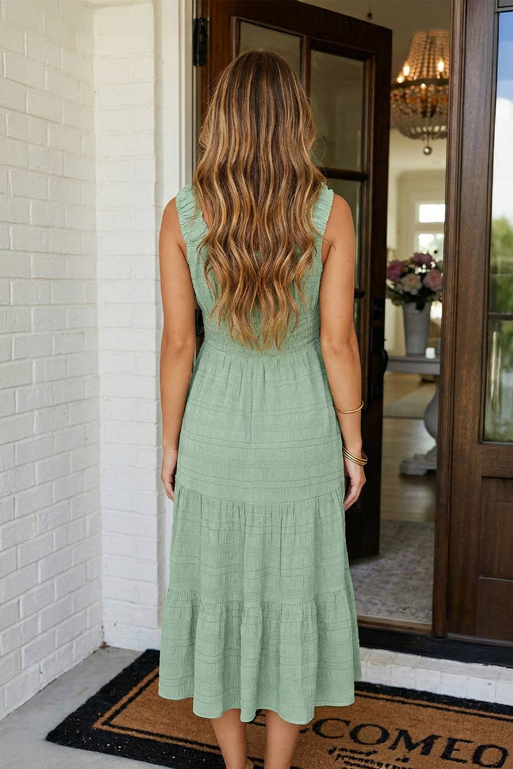 Shirred Pleated Square Neck Sleeveless Midi Dress