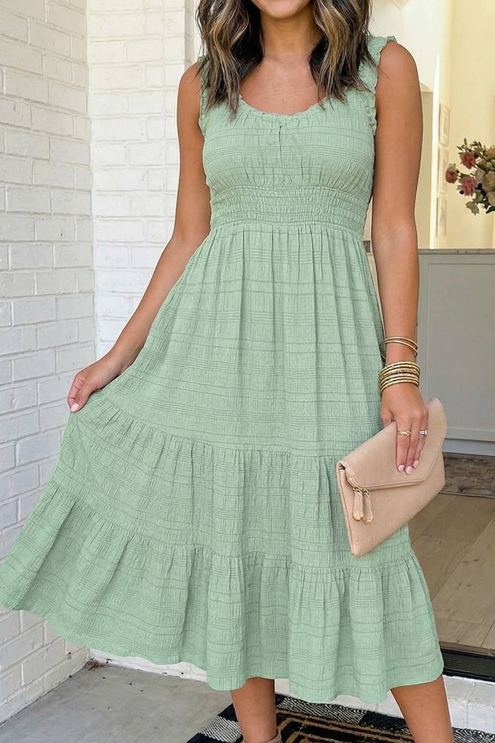 Shirred Pleated Square Neck Sleeveless Midi Dress