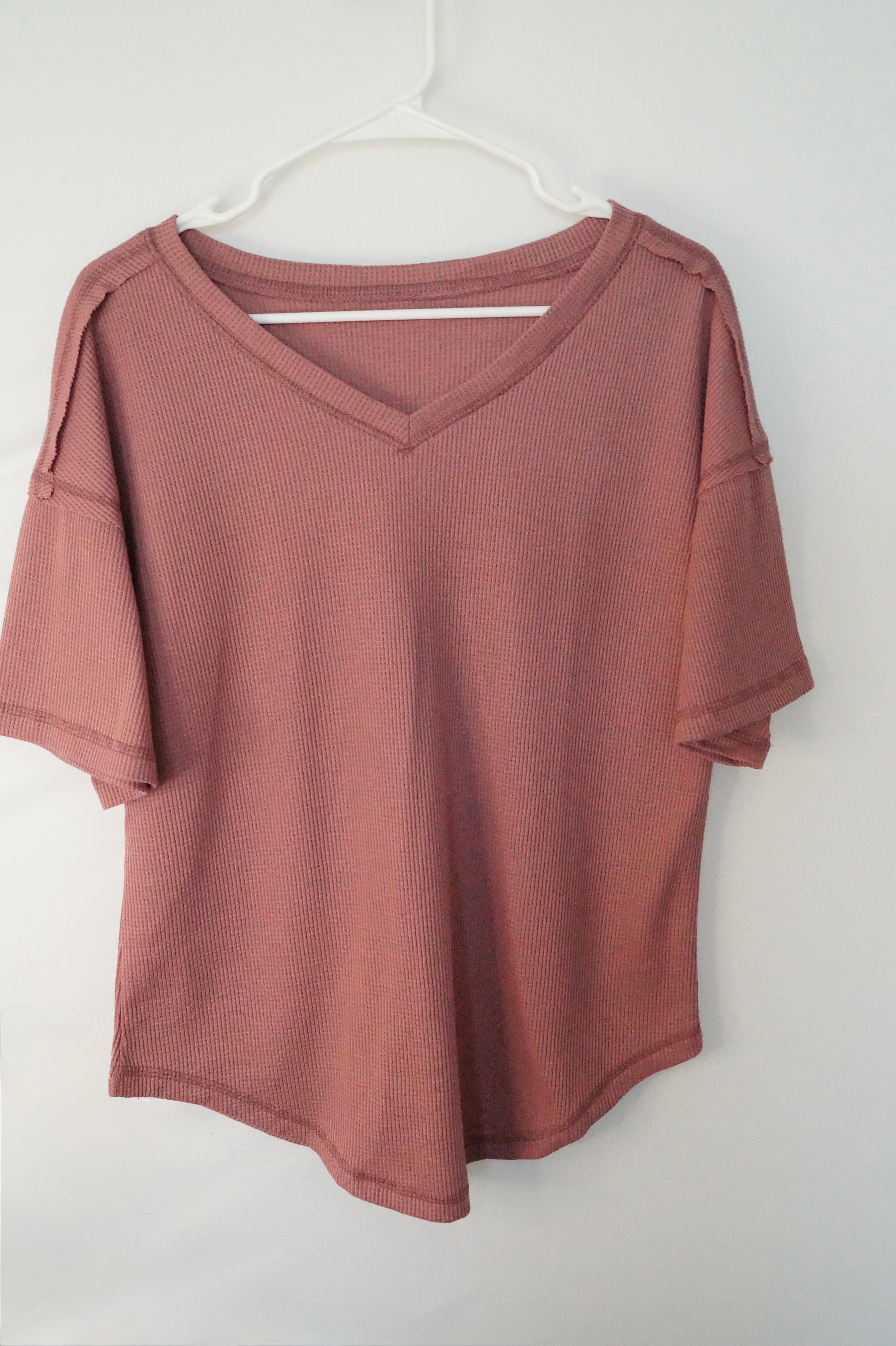 Rose Waffle Knit Exposed Seam V-Neck Top