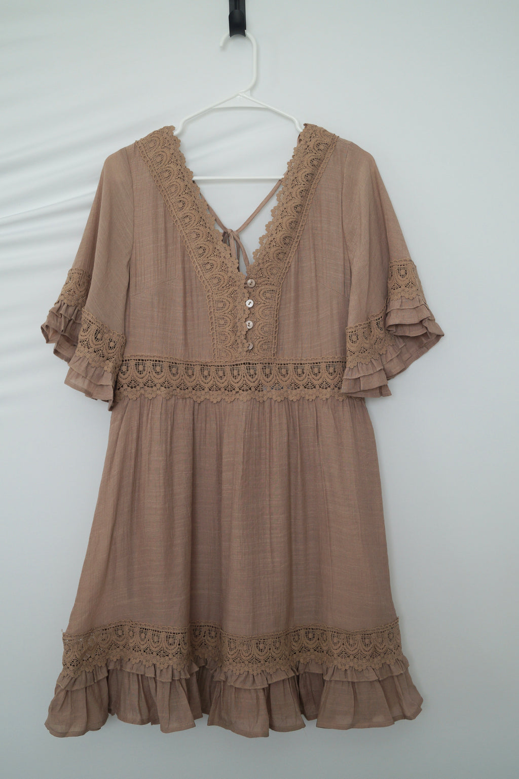 V-neck Lace Dress - Open Back with Tie Detail