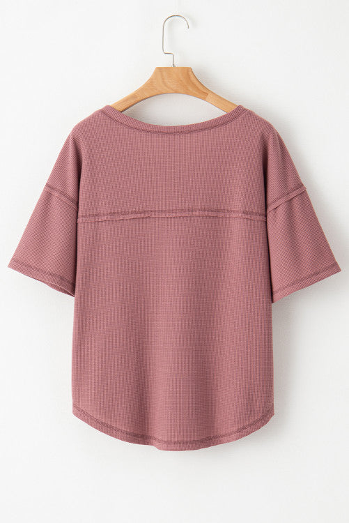 Rose Waffle Knit Exposed Seam V-Neck Top