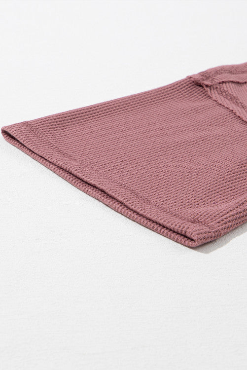Rose Waffle Knit Exposed Seam V-Neck Top
