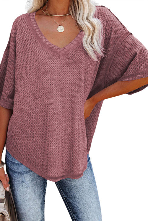 Rose Waffle Knit Exposed Seam V-Neck Top