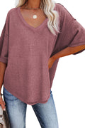 Rose Waffle Knit Exposed Seam V-Neck Top