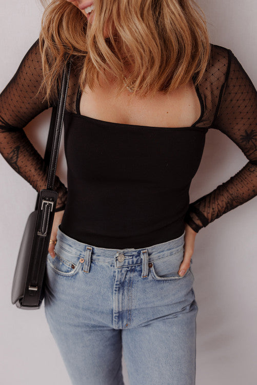 Mesh Long Sleeve Square Neck Bodysuit