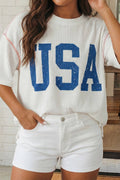 USA Graphic Half Sleeve Loose Ribbed Top