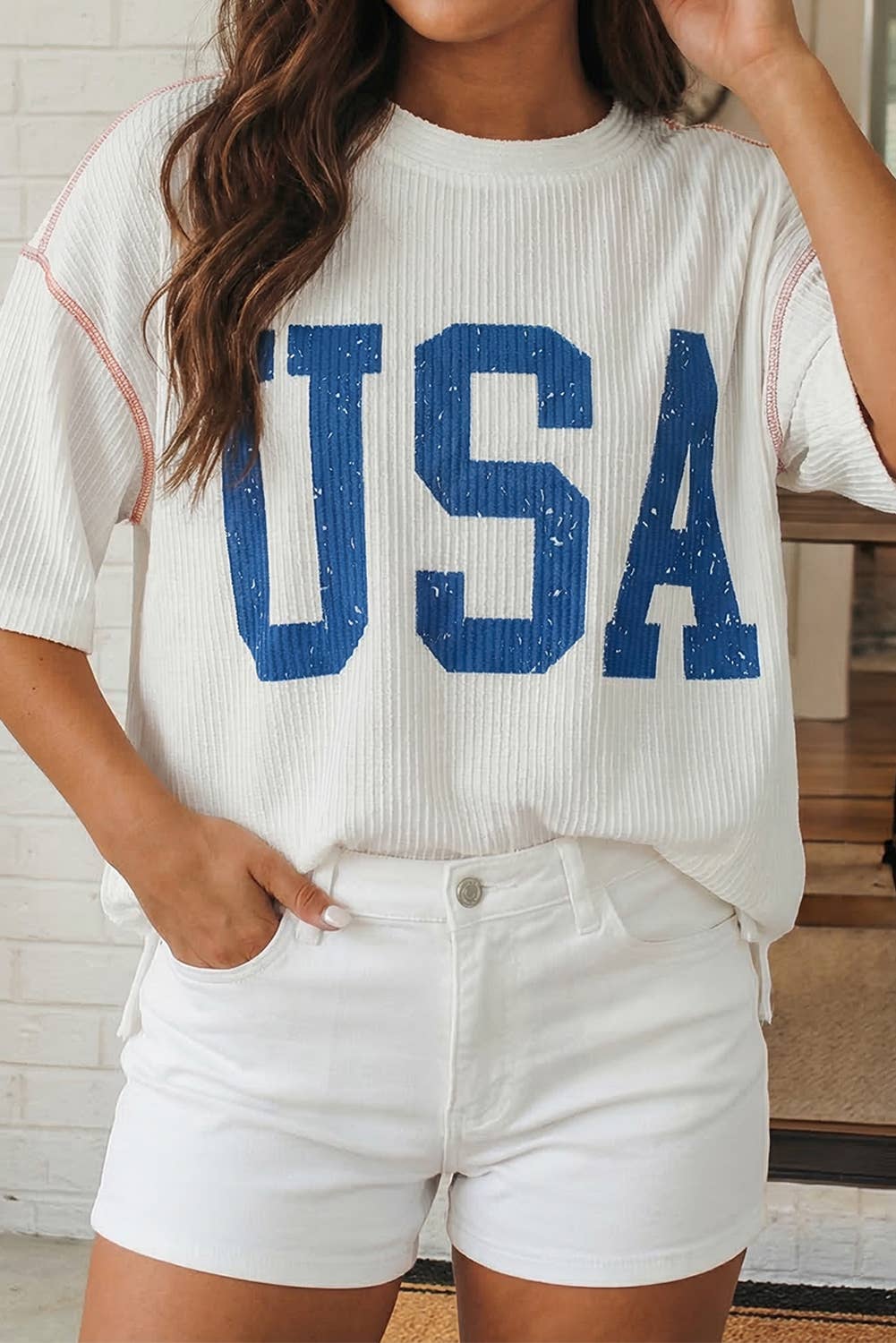 USA Graphic Half Sleeve Loose Ribbed Top